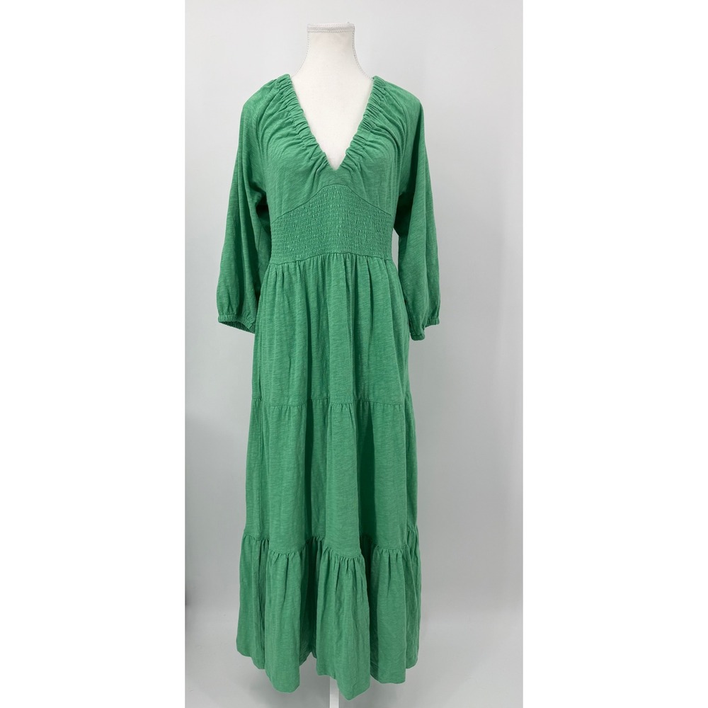 Marine Layer Green Slub Knit V-Neck Smocked Tiered Maxi Dress Pockets Medium